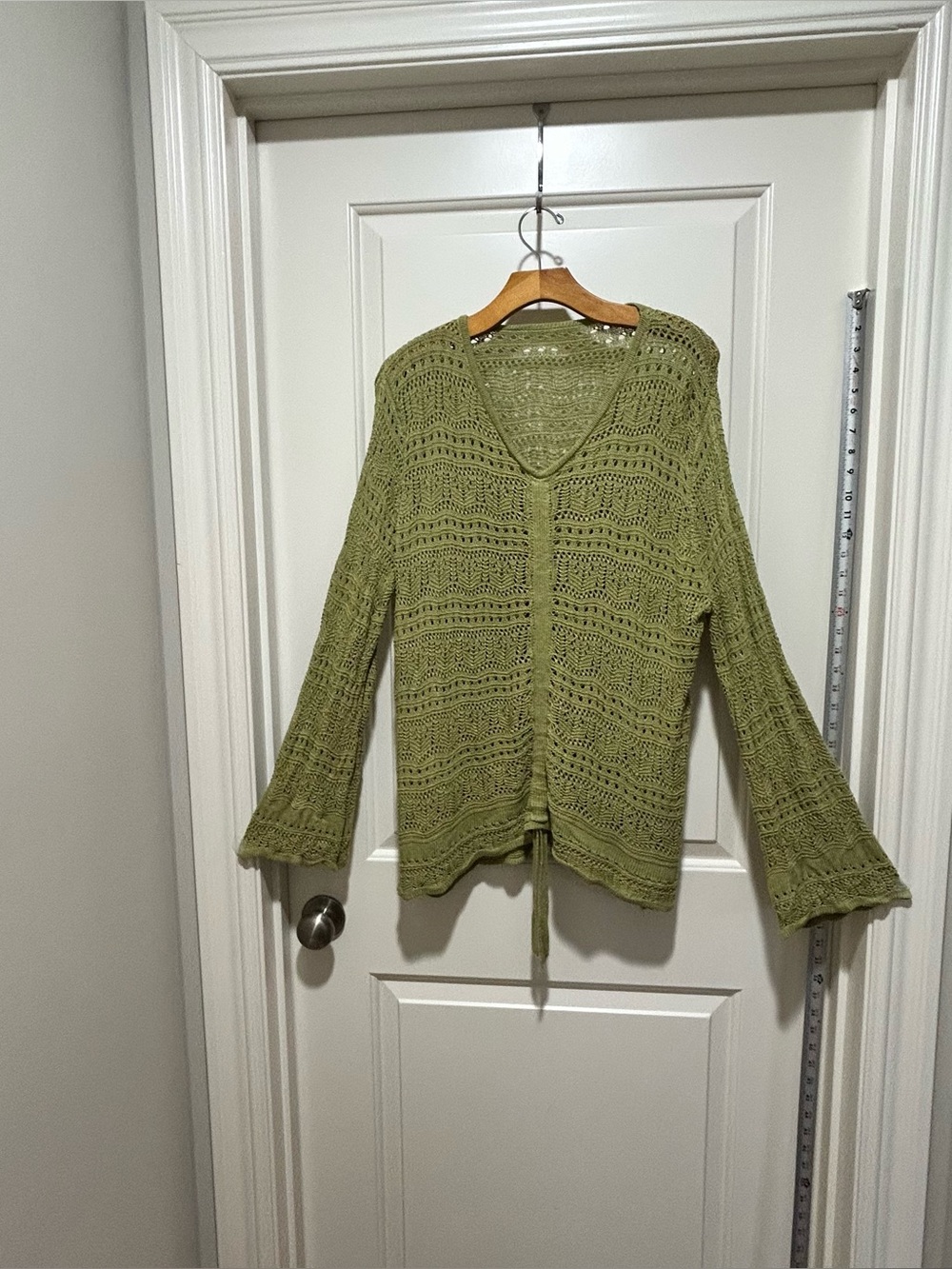 Olive Green Crochet V-Neck Women's size L Bell sleeve sweater. Pull on. See thru